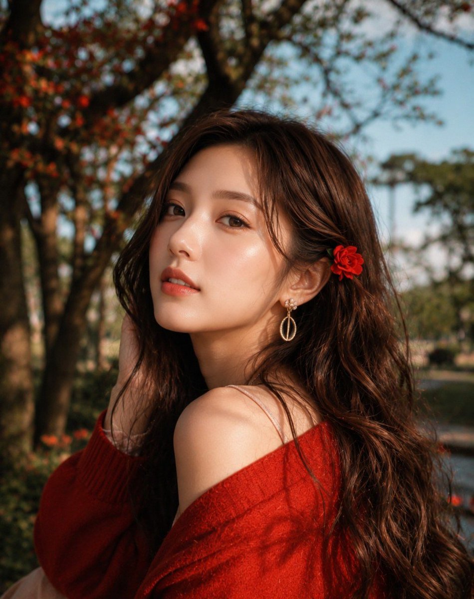 超写实 DSLR 人像摄影:一位美丽的年轻东亚女性在黄金时段坐在户外一棵盛开的树下,回眸直接望向镜头,神情平静而梦幻。她拥有自然波浪状的深棕色…, 图片 1