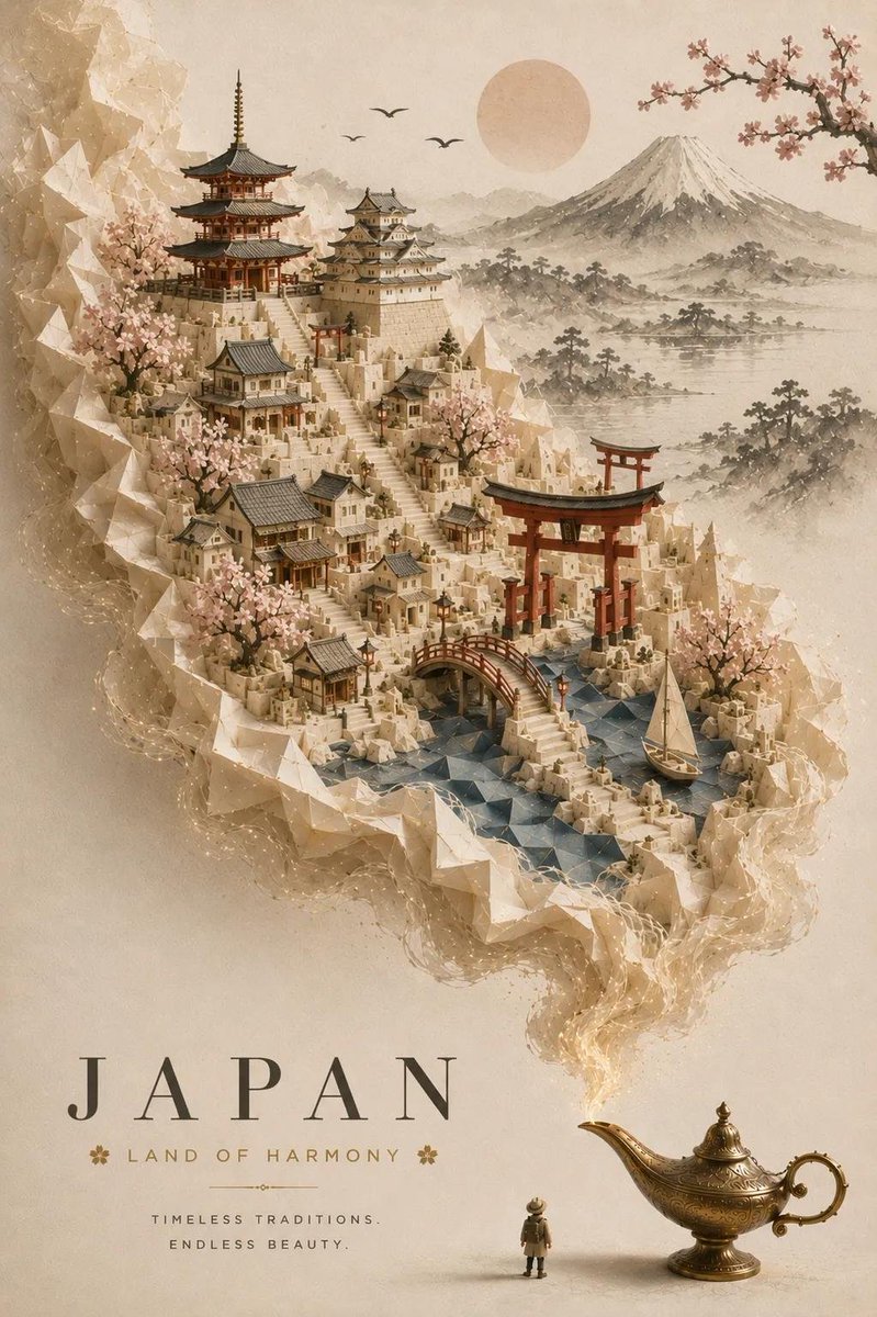 创作一幅优雅、高级感的旅行海报，画面右下角放置一盏华丽的古董黄铜神灯，散发着璀璨光芒的烟雾中浮现出[国家 / 城市 / 目的地]的神奇微缩世界…, 图片 4