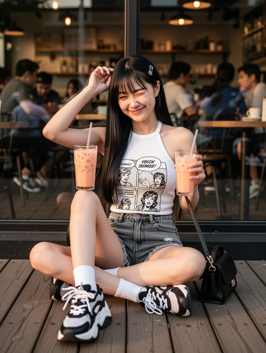 随性智能手机社交媒体照片，竖向 3:4。一名年轻女子随意地坐在一间木质咖啡馆露台上，身前是一扇大窗户，一只眼睛俏皮地眨眼、带着顽皮的笑容，留着…, 图片 1
