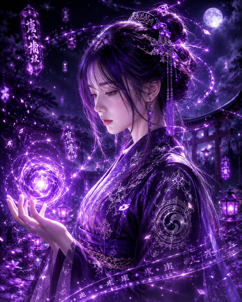 一位神秘東方陰陽師少女站立於夜色之中，, 图片 1