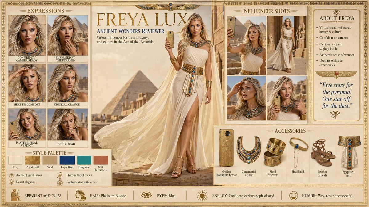 为了让 Freya 的脸庞、服装,甚至她那部金色智能手机在不同镜头和光线下保持完美一致,我将这张极其详细的角色设定表(Character Sh…, 图片 1