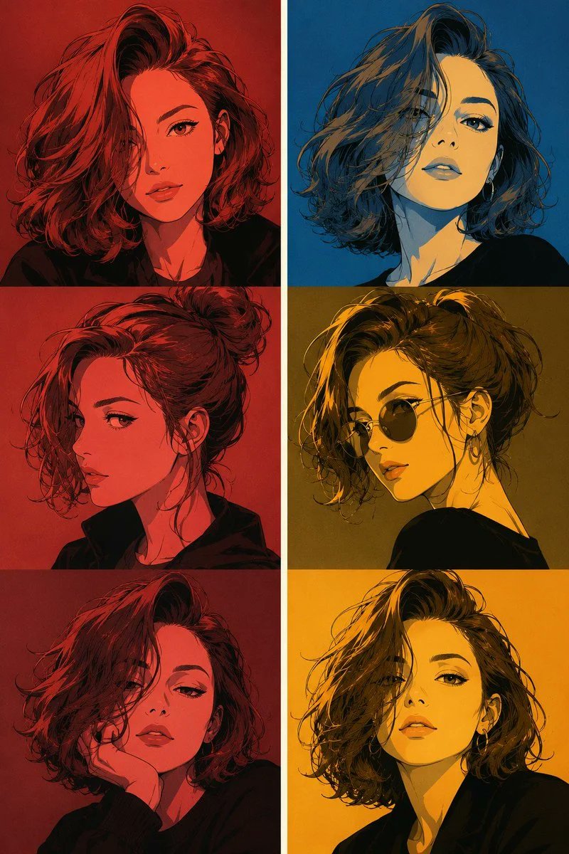 在一块纵向画布上创作一幅三联画式平面海报,整块画布由三个水平面板组成,每个面板中出现同一个日式漫画风格的角色。保持面部、眼睛、鼻子、嘴巴、脸型…, 图片 1