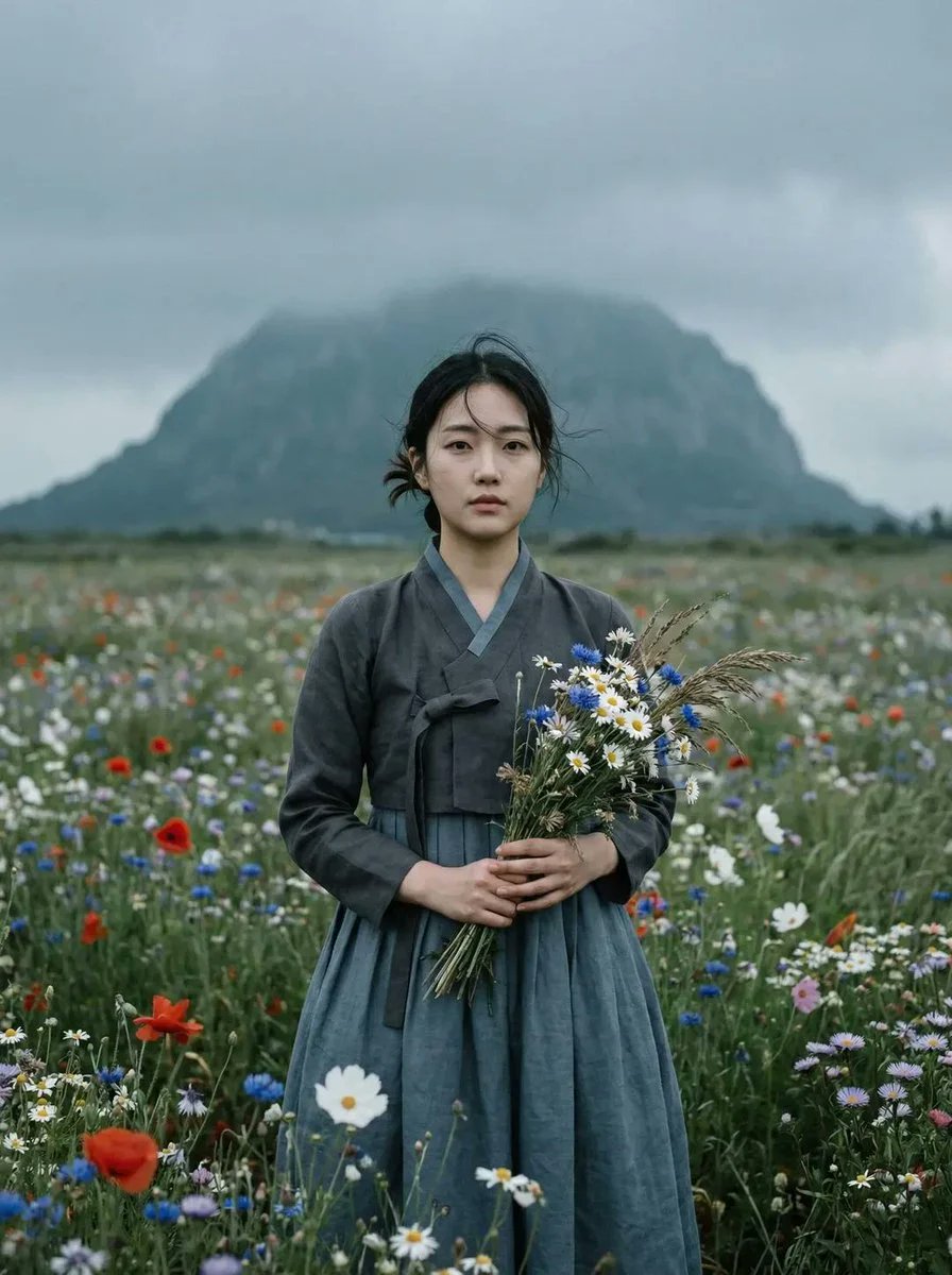 电影感超写实肖像:一位年轻东亚女性独自站在广阔的野花草地中央。画面中她居中,正面直视镜头,表情平静而内敛。她身着传统韩国韩服,色调为柔和的炭灰…, 图片 1