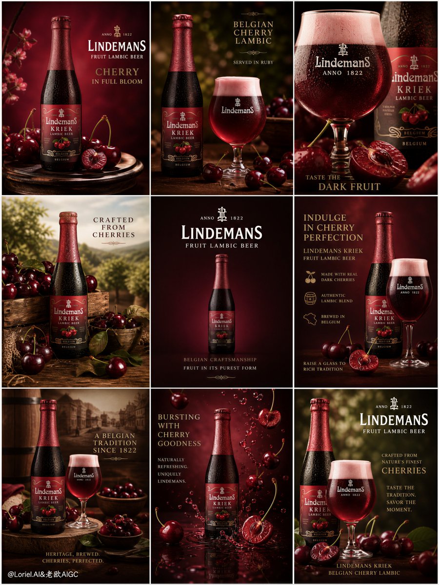 通用啤酒广告，伪造的 Lindemans 标签，产品设计不一致，玻璃杯细节粗糙，随机水果搭配盖过樱桃，画面板块杂乱，字体排版混乱，阴影浑浊发糊…, 图片 1