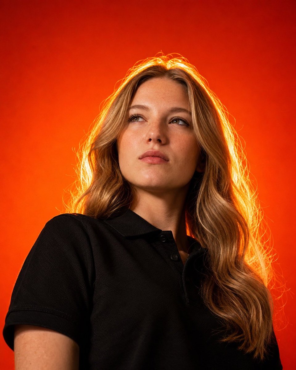 超写实影棚人像摄影,自信时尚模特身穿纯黑色Polo衫,腰部以上构图,目光略微向上偏离镜头,强烈的电影感表情,鲜艳的火橙到火红色渐变背景,发丝与…, 图片 2