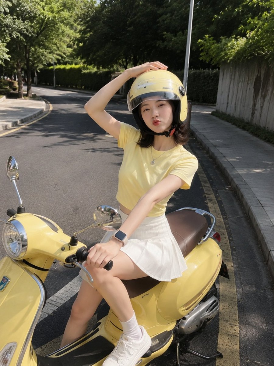 超写实的智能手机照片,看起来确实是手机拍摄的,而不是单反或 AI 渲染的。一位开朗的东亚年轻女子侧坐在一辆停在安静阳光道路上的柔和黄色复古风格…, 图片 2