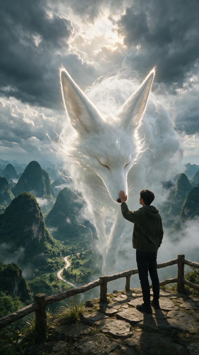 一个电影般的奇幻场景,采用略微偏低的过肩视角。一名孤独的年轻男子站在一个风化的石质山间观景台上,围有质朴的木质栏杆,镜头主要从其身后拍摄,他身…, 图片 1