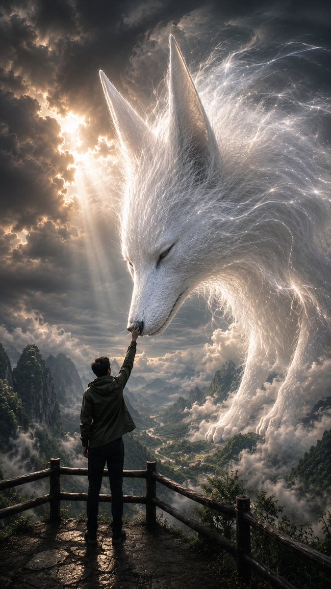 一个电影般的奇幻场景,采用略微偏低的过肩视角。一名孤独的年轻男子站在一个风化的石质山间观景台上,围有质朴的木质栏杆,镜头主要从其身后拍摄,他身…, 图片 2
