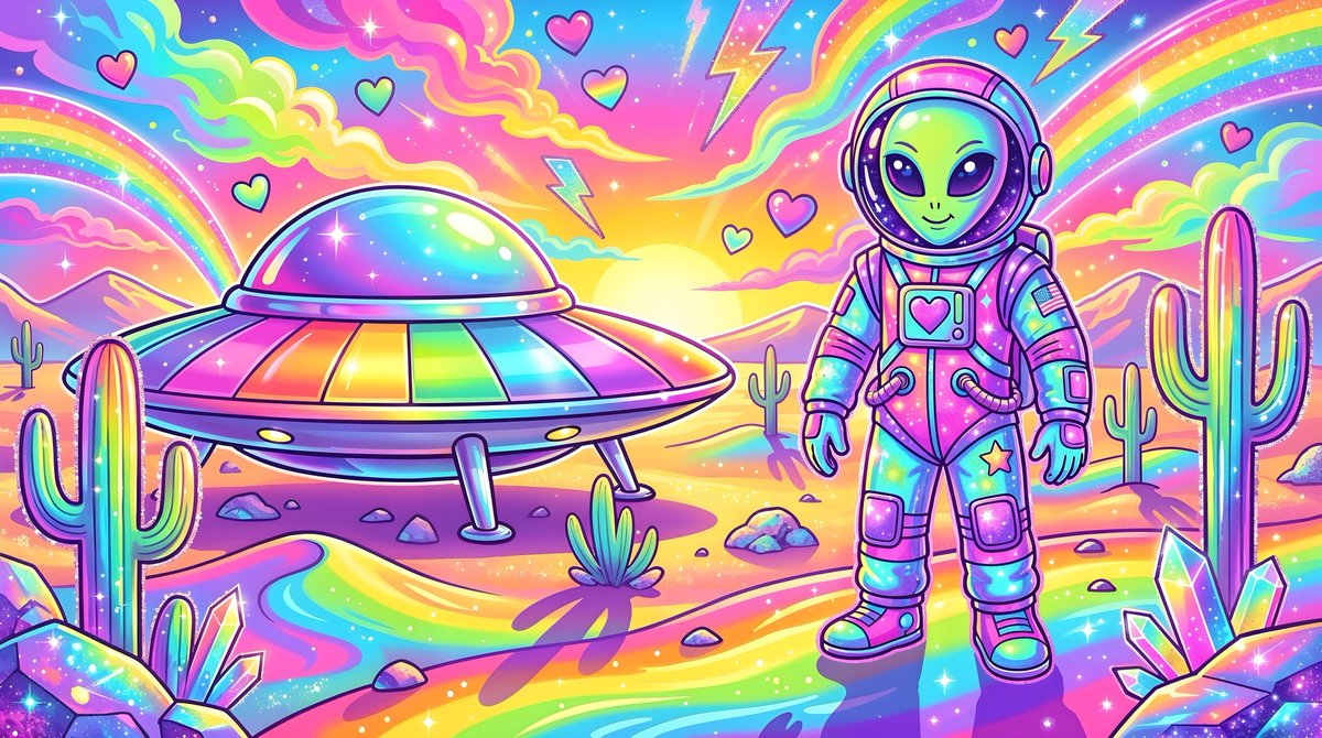 一个孤独的外星人穿着复古银色太空服,站在他光滑的铬制飞碟旁,置身于广袤的沙漠中,前景是高大的仙人掌和散落的岩石,发光橙色和紫色的日落天空配以戏…, 图片 1