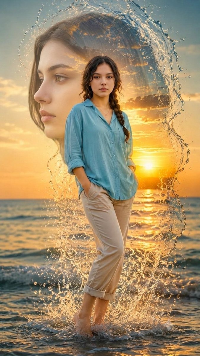 一幅美丽、超现实的双重曝光人像，主体为来自 image_1.png 的年轻女子。场景设定在宁静的海滩日落时分（黄金时刻），太阳低悬于地平线之上…, 图片 1