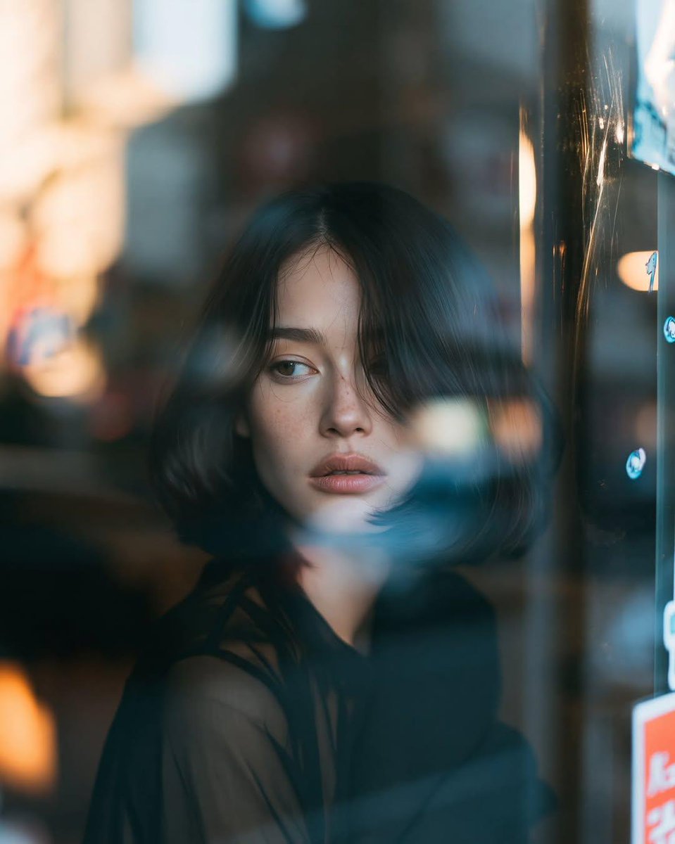 超电影感特写人像：一位年轻女子坐在幽暗的都市咖啡馆内，从室外隔着一块大反光玻璃窗拍摄。她留着利落的齐肩黑色中分波波头，柔软碎发自然垂落在脸颊，…, 图片 1