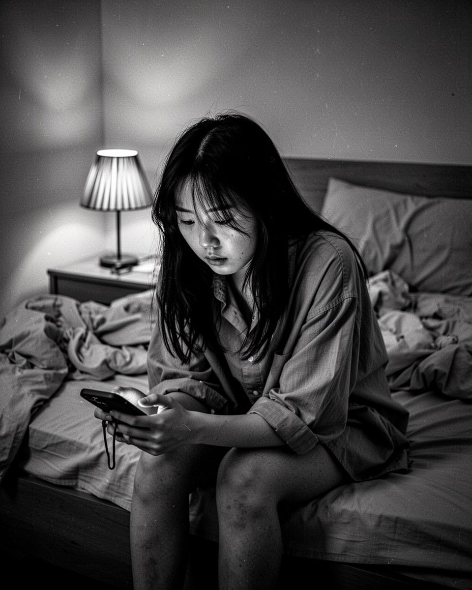 黑白电影感特写人像,85mm f/1.4,一位二十出头的年轻东亚女性坐在昏暗卧室一张未整理的床沿,身体微微前倾,双肘撑在膝上,一手松松握着手机…, 图片 1