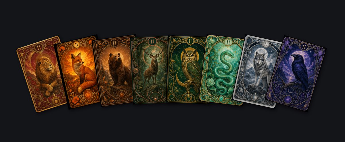一张塔罗牌。顶部数字:sum(3, 8)。中央动物:pick("wolf", "owl", "lion", "stag", "raven", …, 图片 1