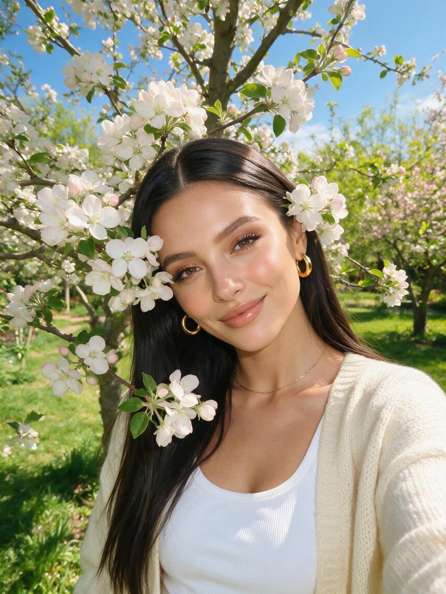 阳光下的户外自拍风格肖像：一位年轻女子站在盛开的苹果树下，白色与粉色的花朵点缀在画面中，部分花朵遮住她的脸庞。她将头轻轻倚在自己的肩膀上，以柔…, 图片 1