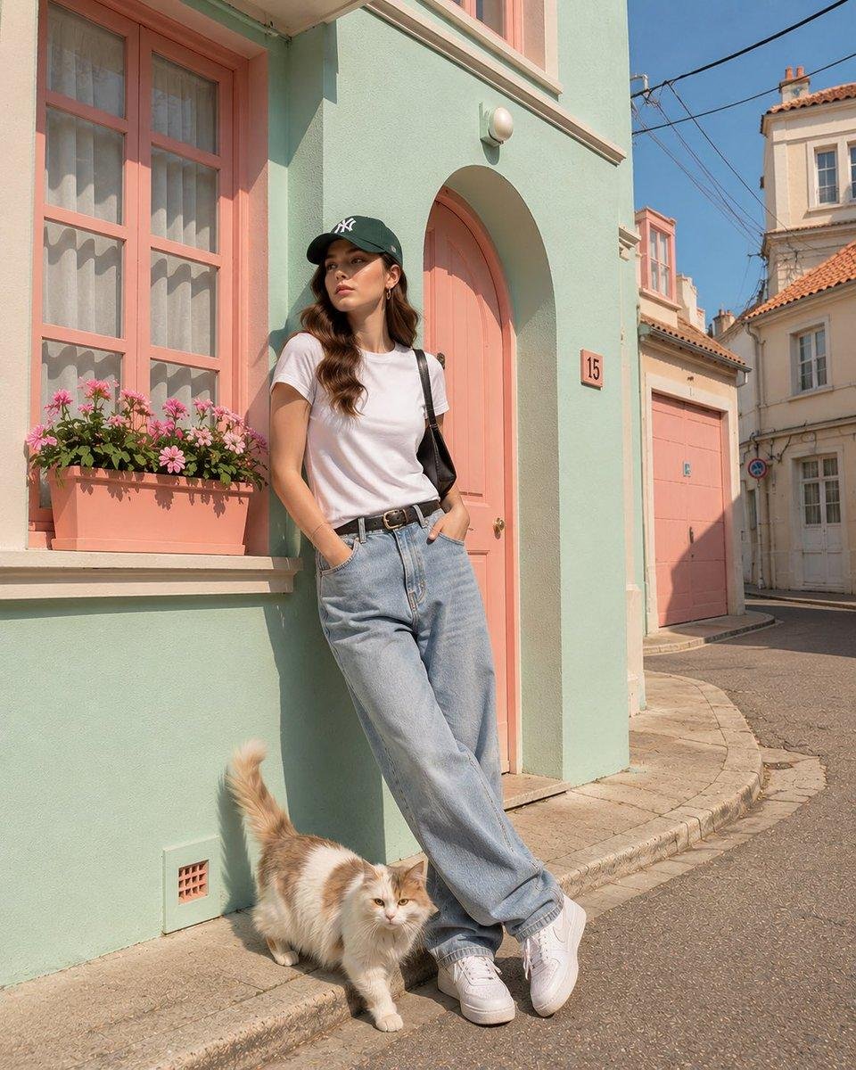 一张俏皮的粉彩色调编辑风格街拍照片，主题为[Human]穿着[Clothing]，与[Animal]在[House]前摆姿势，背景为[Scen…, 图片 2