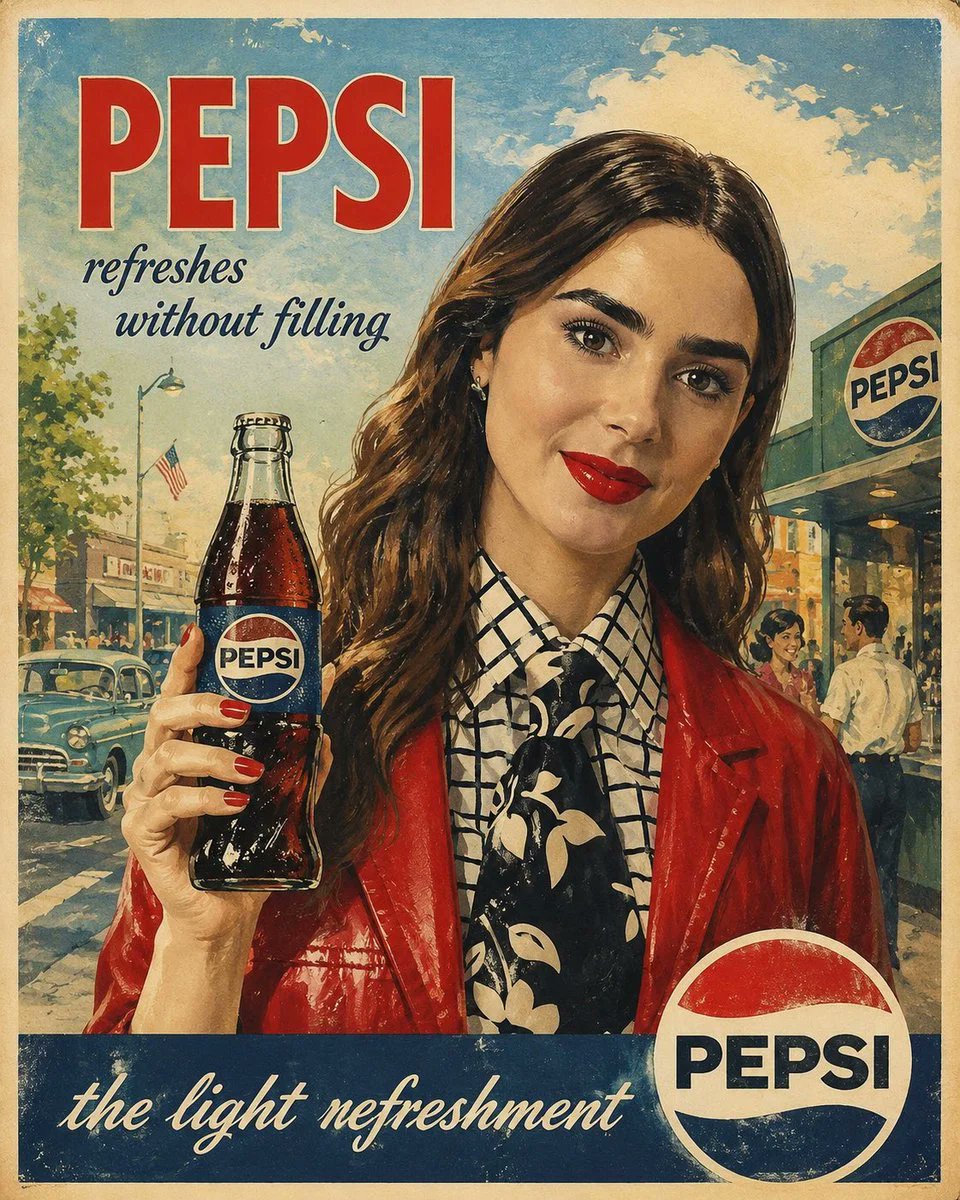 正宗1960年代美国广告海报, [COCA COLA], 复古中世纪商业插画, [woman]手持一瓶冰爽玻璃瓶[COCA COLA], 明快…, 图片 1