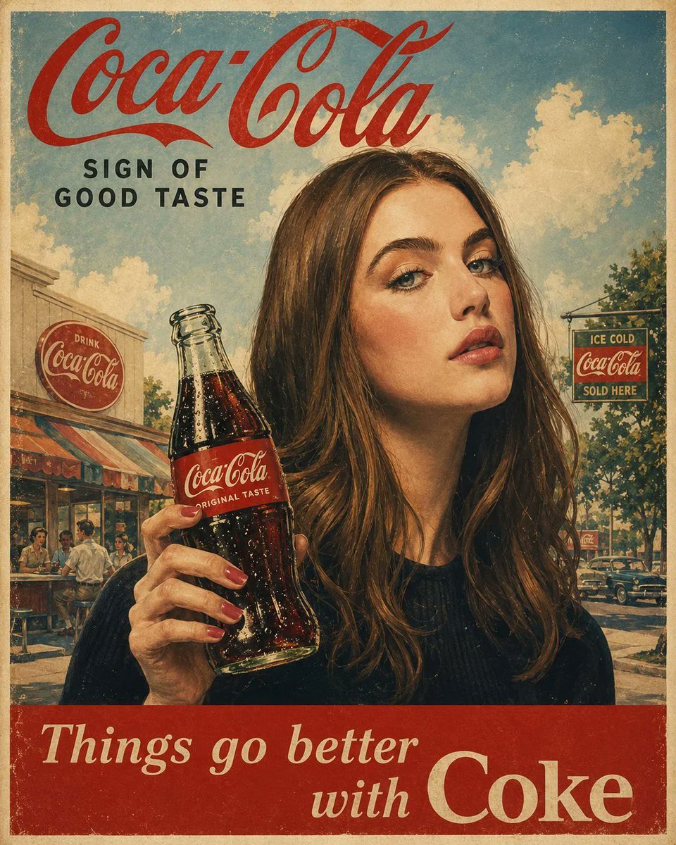 正宗1960年代美国广告海报, [COCA COLA], 复古中世纪商业插画, [woman]手持一瓶冰爽玻璃瓶[COCA COLA], 明快…, 图片 2