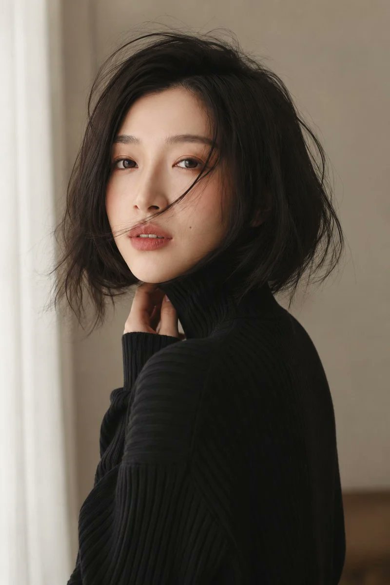 创作一张写实风格的竖版特写美妆时尚肖像，风格柔和极简，适合室内拍摄。画面中是一位东亚成年女性，构图范围从她的上半身延伸至头顶；她位于画面中心略…, 图片 1
