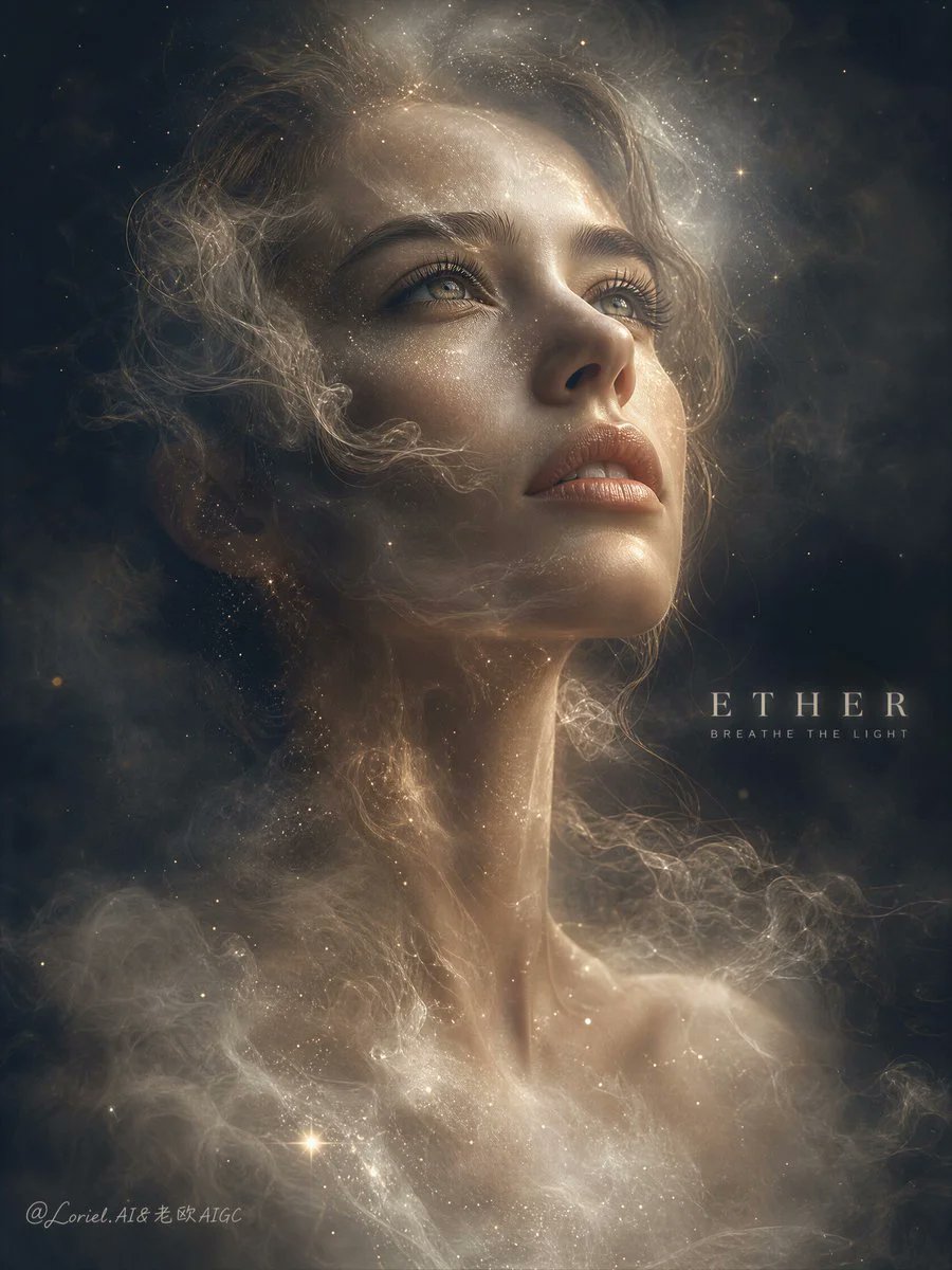 创作一幅超高端电影级社论肖像,呈现一位超逼真的女性,她的面部与身体正和飘渺烟雾、漂浮微尘、柔和星光及流动的半透明薄雾完美融合。图像须营造出梦幻…, 图片 1