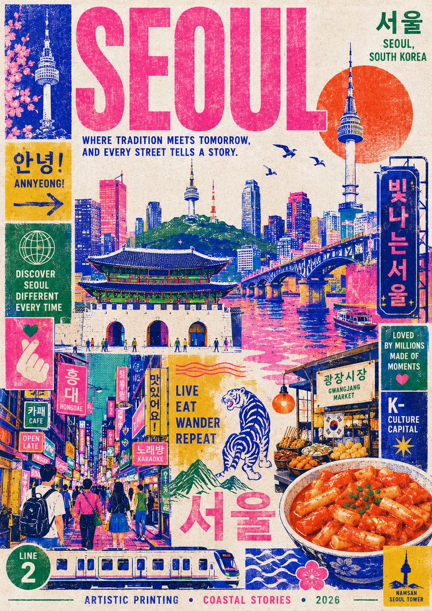 创作一张时尚现代的迪拜旅行海报,灵感源自孔版印刷(riso)风格。使用简洁的插画图像表现这座城市:广安大桥、海浪、海鸥、海滩遮阳伞、市场里的鱼…, 图片 1