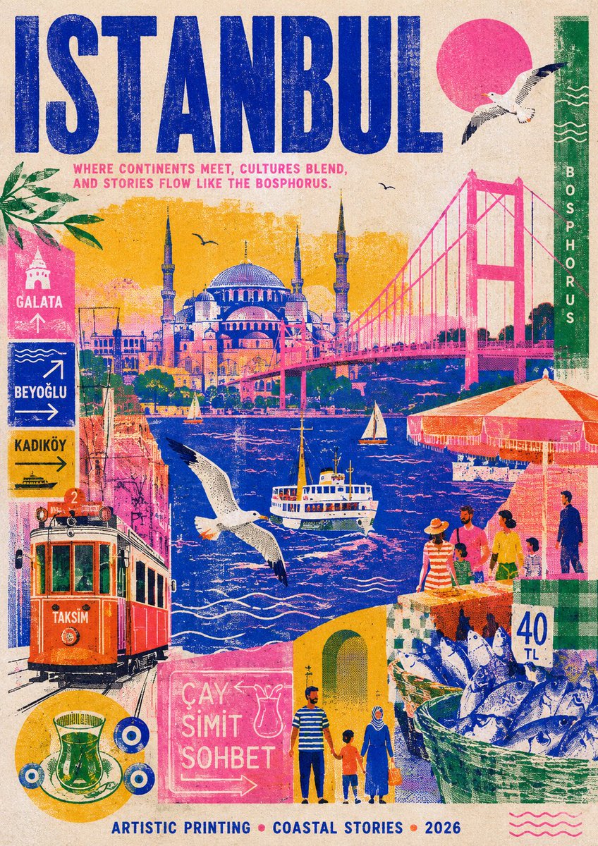 创作一张时尚现代的迪拜旅行海报,灵感源自孔版印刷(riso)风格。使用简洁的插画图像表现这座城市:广安大桥、海浪、海鸥、海滩遮阳伞、市场里的鱼…, 图片 2