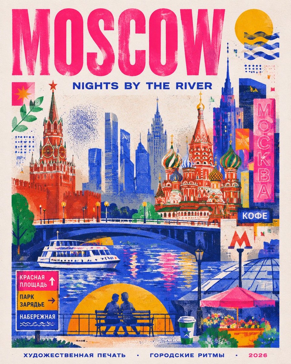 创作一张时尚现代的迪拜旅行海报,灵感源自孔版印刷(riso)风格。使用简洁的插画图像表现这座城市:广安大桥、海浪、海鸥、海滩遮阳伞、市场里的鱼…, 图片 3