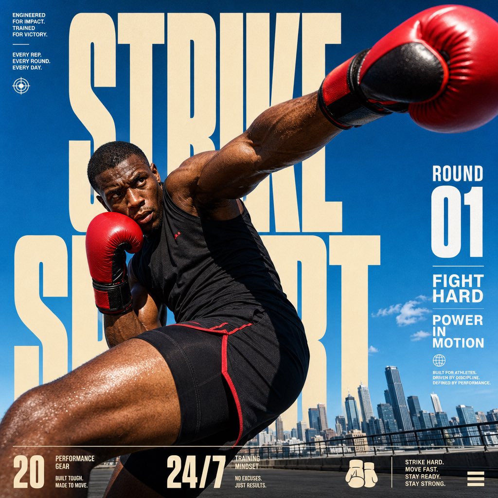 为STRIKE SPORT创建一张4:5全出血版编辑动感海报。该品牌的视觉识别必须具备以下可见特征:一张明亮的户外照片,开阔晴朗的天空占据画面…, 图片 1