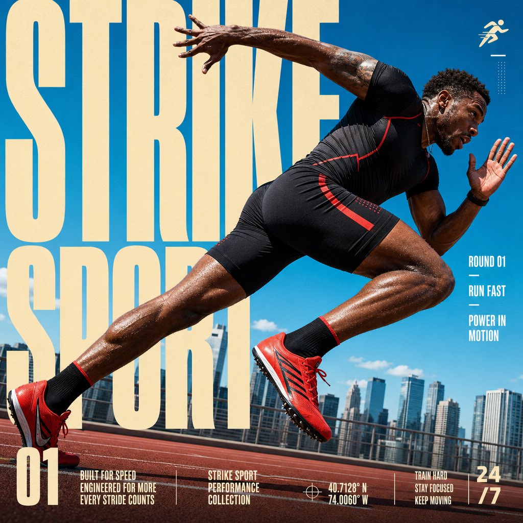 为STRIKE SPORT创建一张4:5全出血版编辑动感海报。该品牌的视觉识别必须具备以下可见特征:一张明亮的户外照片,开阔晴朗的天空占据画面…, 图片 2