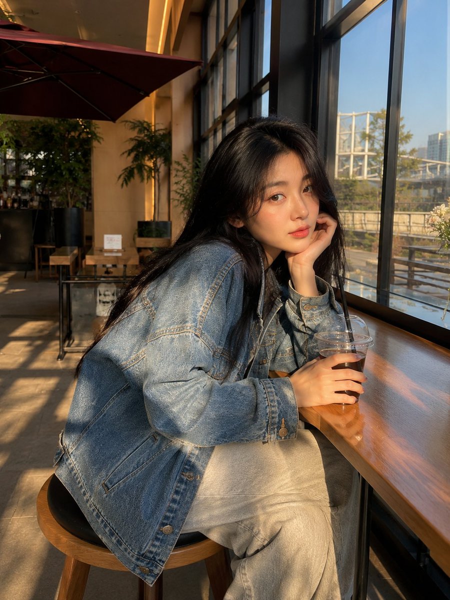 超现实生活风格人像:一位美丽的年轻女子侧身坐在现代室内咖啡馆的木凳上,回头望向镜头,神情平静而略带沉思。乌黑长直发带有柔和光泽,白皙肌肤,淡妆…, 图片 1