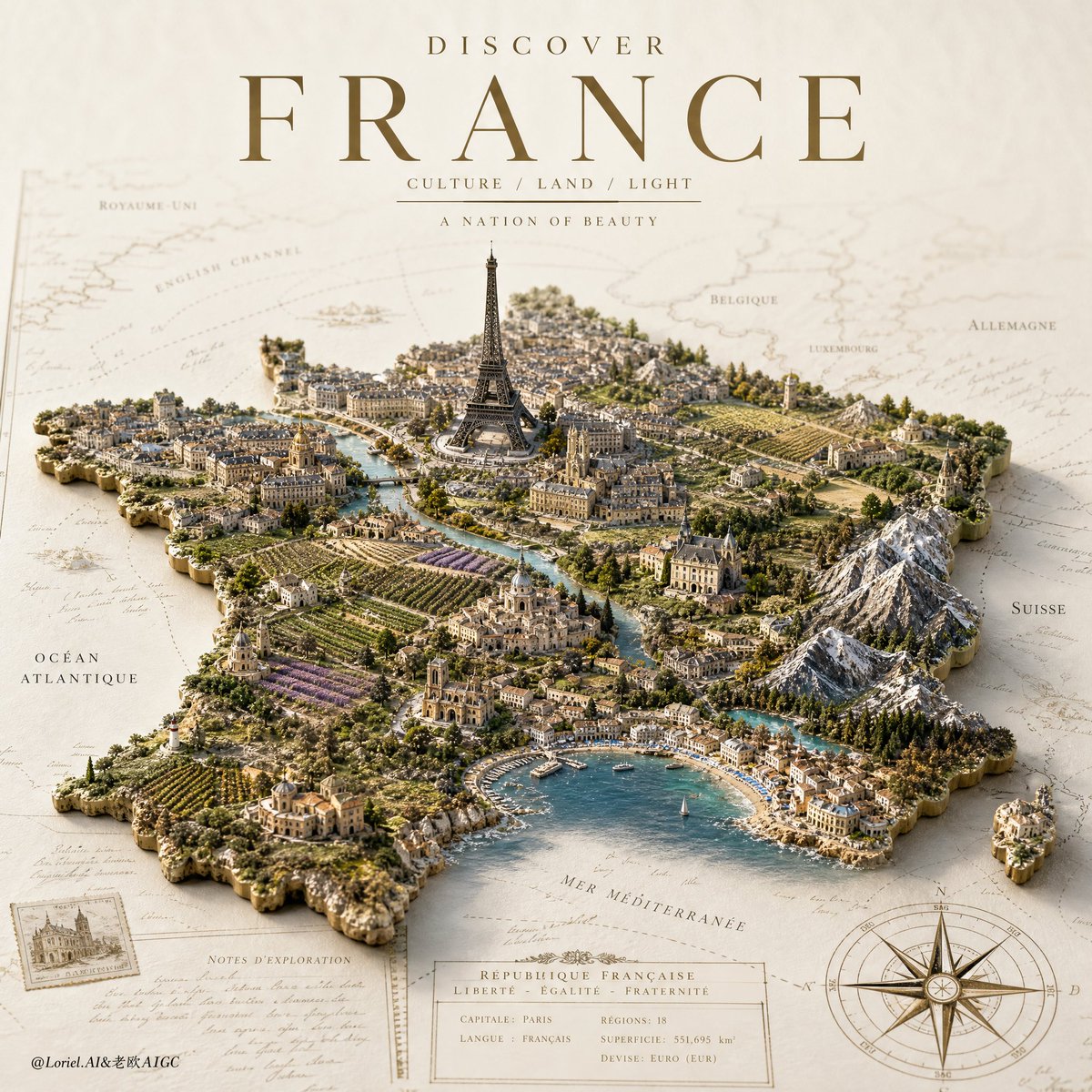 generic tourism poster, cartoon diorama, toy-like miniature world, messy map sk…