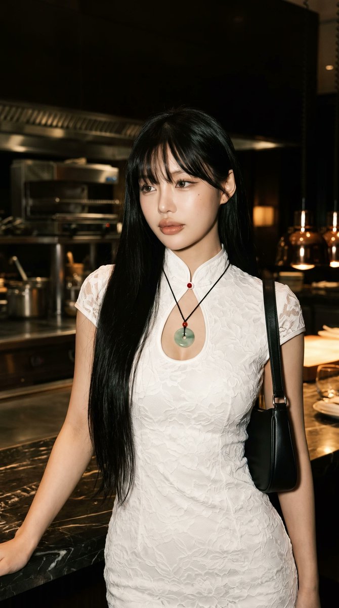 超写实肖像:一位优雅的年轻东亚女性,夜晚站立在一家豪华现代餐厅内。, 图片 1