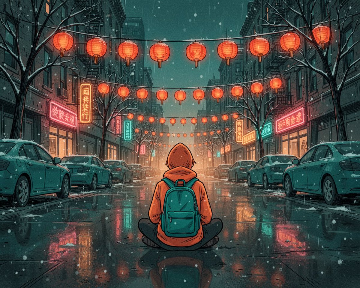 绘本风格的城市夜景插画：一个孤独的年轻人背影，盘腿坐在潮湿的城市街道中央，身穿亮橙色连帽夹克，背着青蓝色双肩包，面向远方灯火通明的大道。街道上…, 图片 1