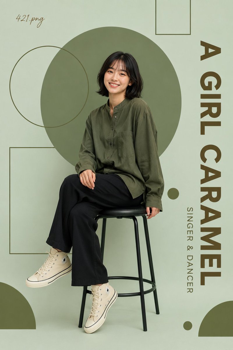 一张高端极简风格的编辑人像海报，画面中一位开朗的年轻女性自然地坐在一把简约的黑色金属凳上，双腿交叉，温暖地朝镜头微笑。她留着柔软的刘海黑色短发…, 图片 1