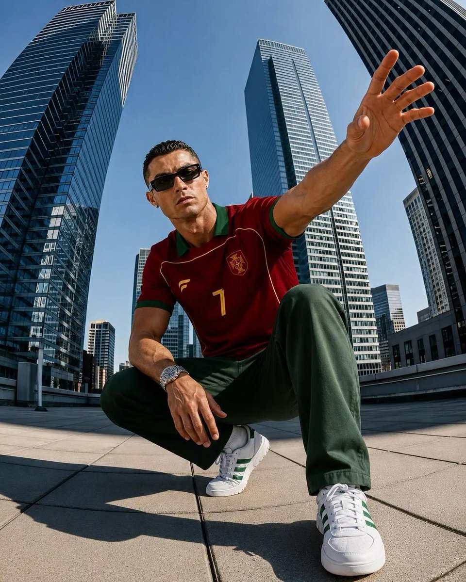 超写实电影级时尚大片，主角为 Cristiano Ronaldo，保留其可识别的面部特征、运动健硕的体格、利落的发型与自信的气场。他佩戴黑色矩…, 图片 1