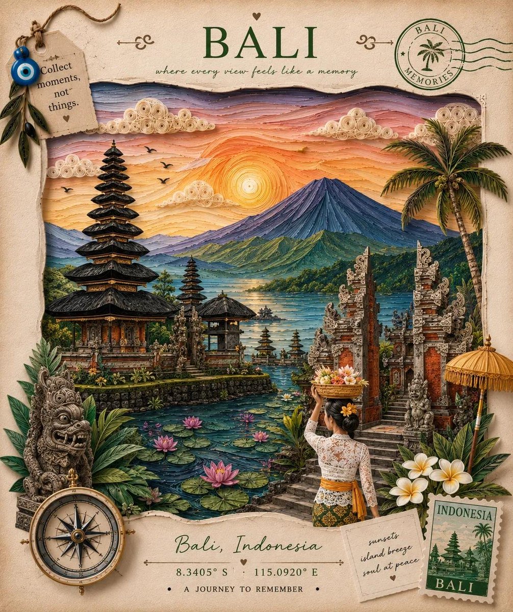 创建一幅优雅的手工制作 3D 纸艺卷纸与分层纸艺旅行海报,主题为 {LOCATION},采用高级复古剪贴簿风格。运用精细的纸艺卷纸、分层卡纸、…, 图片 2