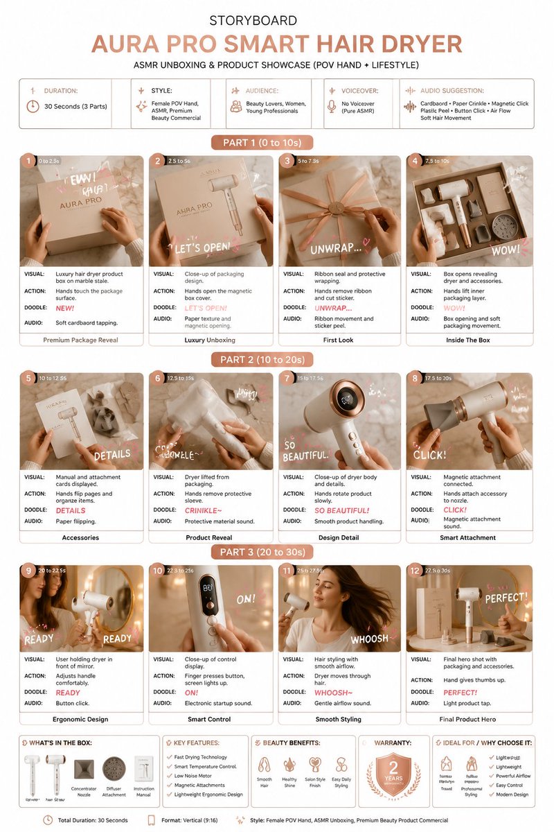 创建一个干净、优质的故事板信息图,用于豪华吹风机的 ASMR 开箱和产品展示视频。, 图片 1