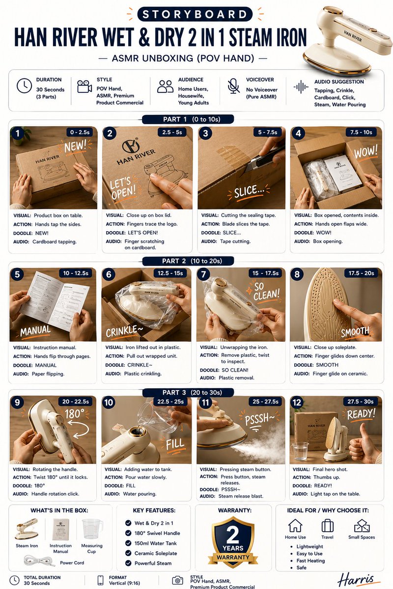 为一个产品 ASMR 开箱视频创建一个简洁、高级感的故事板信息图。, 图片 1