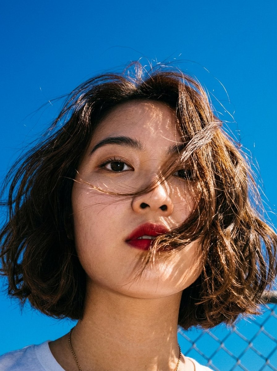 时尚生活方式人像，从极低的地面仰拍角度戏剧性地向上仰望，年轻东亚女性，短波浪波波头发型，风吹动的头发有一缕横过脸颊，一只眼睛与镜头锐利地直接对…, 图片 2
