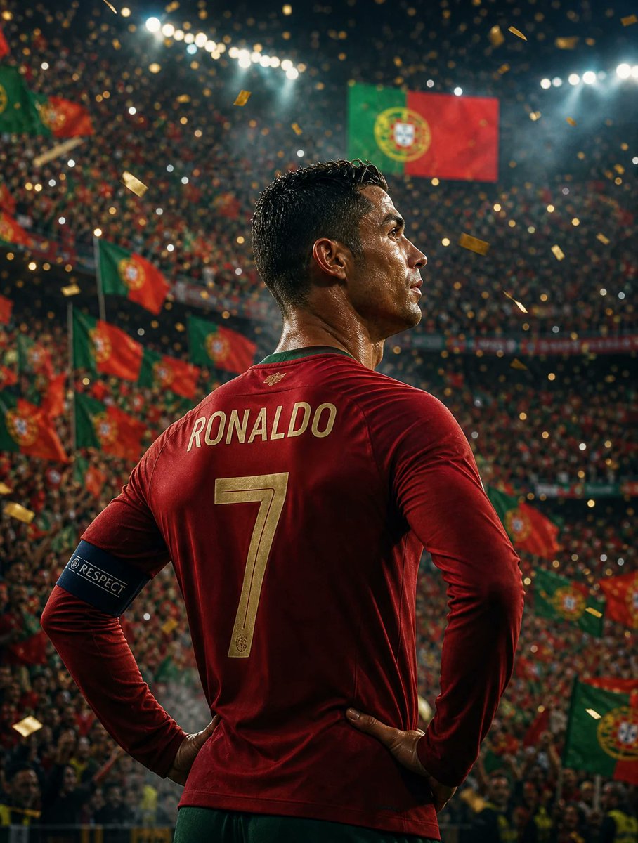 克里斯蒂亚诺·罗纳尔多(Cristiano Ronaldo)独自一人站立,双手叉腰,静静地望向一座沸腾的足球场,看台上挤满了挥舞着成千上万面葡…, 图片 1