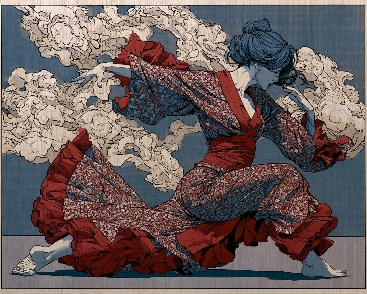 [主体] 作为日本浮世绘木刻版画，大胆平涂色块，细腻黑色轮廓线，可见木纹质感，飘渺雾气，柔和靛蓝与朱红配色，传统构图，细节丰富 --ar 5:…, 图片 1