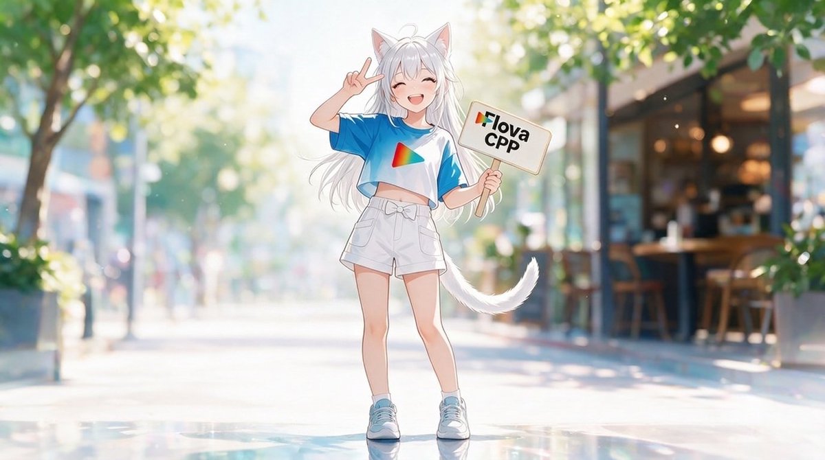 image_1 左手举着一个写着 "Flova CPP," 的牌子。她右手比着剪刀手(和平手势),露出牙齿开心地笑着。氛围超级可爱。夏日活力。…, 图片 1