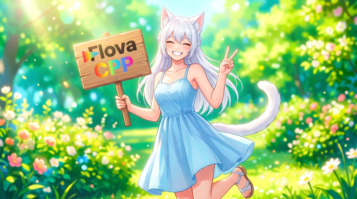 image_1 左手举着一个写着 "Flova CPP," 的牌子。她右手比着剪刀手(和平手势),露出牙齿开心地笑着。氛围超级可爱。夏日活力。…, 图片 2