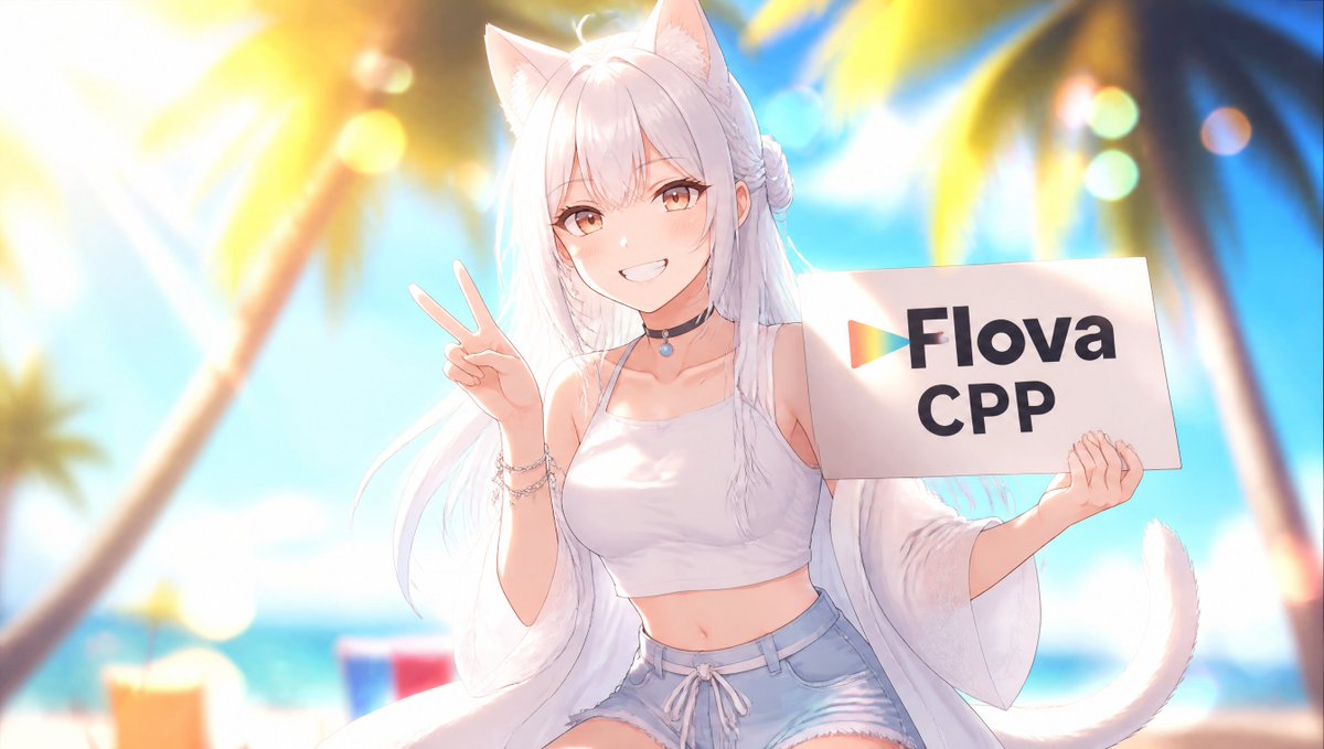 image_1 左手举着一个写着 "Flova CPP," 的牌子。她右手比着剪刀手(和平手势),露出牙齿开心地笑着。氛围超级可爱。夏日活力。…, 图片 3
