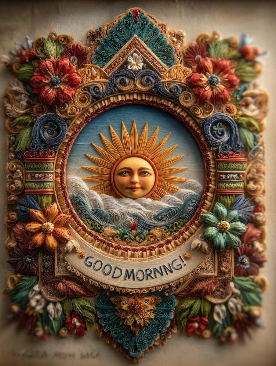 创作一幅大胆奇趣的 Wycinanki 波兰剪纸民间艺术插画,采用传统对称、极具装饰性的风格。画面中央是一轮日出,其圆润的造型被精细镂空,内含…, 图片 2