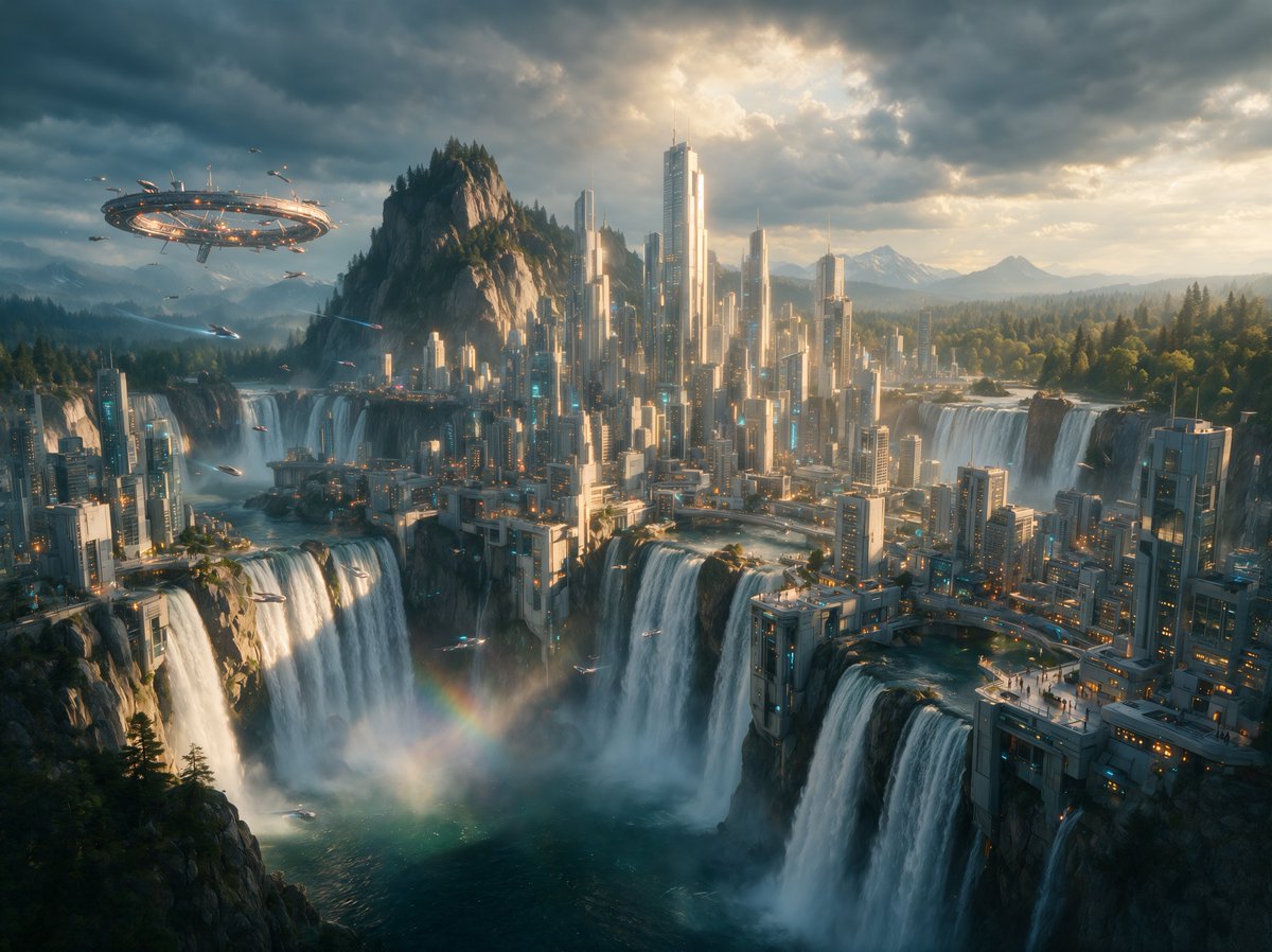 在 Seedream 5.0 Pro 中生成的“Landscape, Sci-Fi City, Waterfall”(风景、科幻城市、瀑布)。…, 图片 1