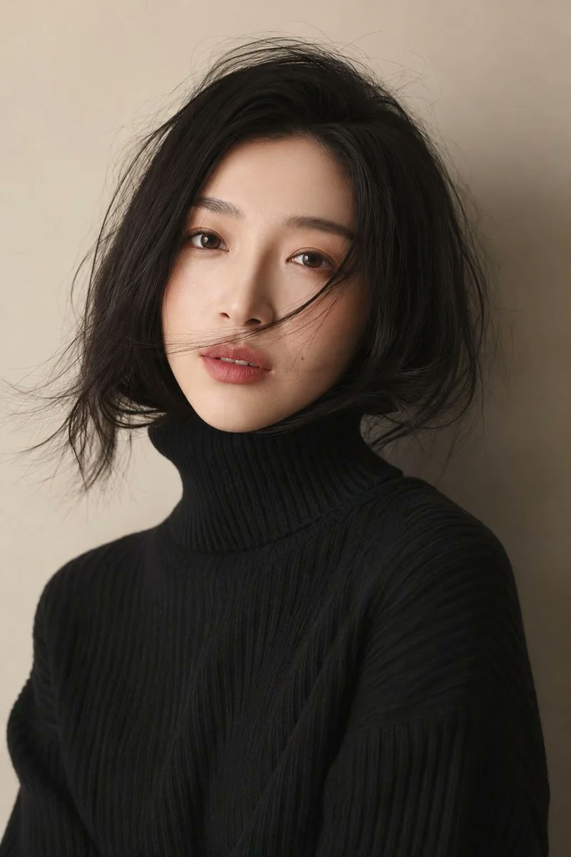 创建一张写实风格的竖版近景时尚美妆人像照片，采用柔和、极简的风格，适合室内拍摄。画面中是一位东亚地区的成年女性，取景范围从她的上半身延伸至头顶…, 图片 1