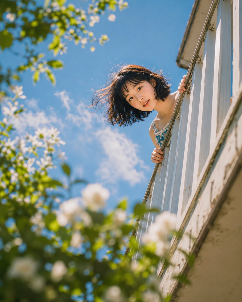 低角度特写镜头，少女的脸从白色阳台栏杆后探出，双手紧握栏杆边缘清晰可见，与镜头直接进行俏皮的眨眼交流，短黑发被风吹起，肩部可见碎花裙肩带，前景…, 图片 2