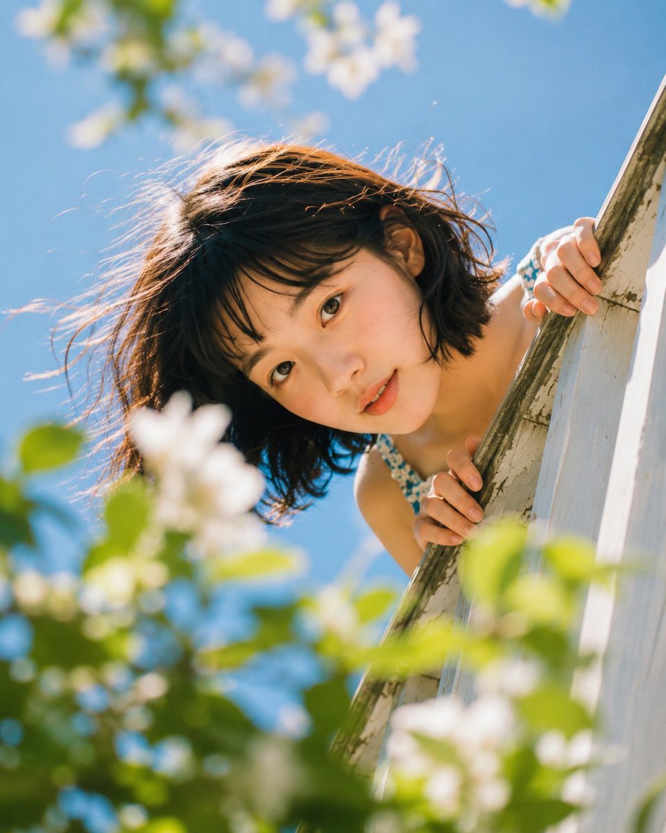 低角度特写镜头，少女的脸从白色阳台栏杆后探出，双手紧握栏杆边缘清晰可见，与镜头直接进行俏皮的眨眼交流，短黑发被风吹起，肩部可见碎花裙肩带，前景…, 图片 3