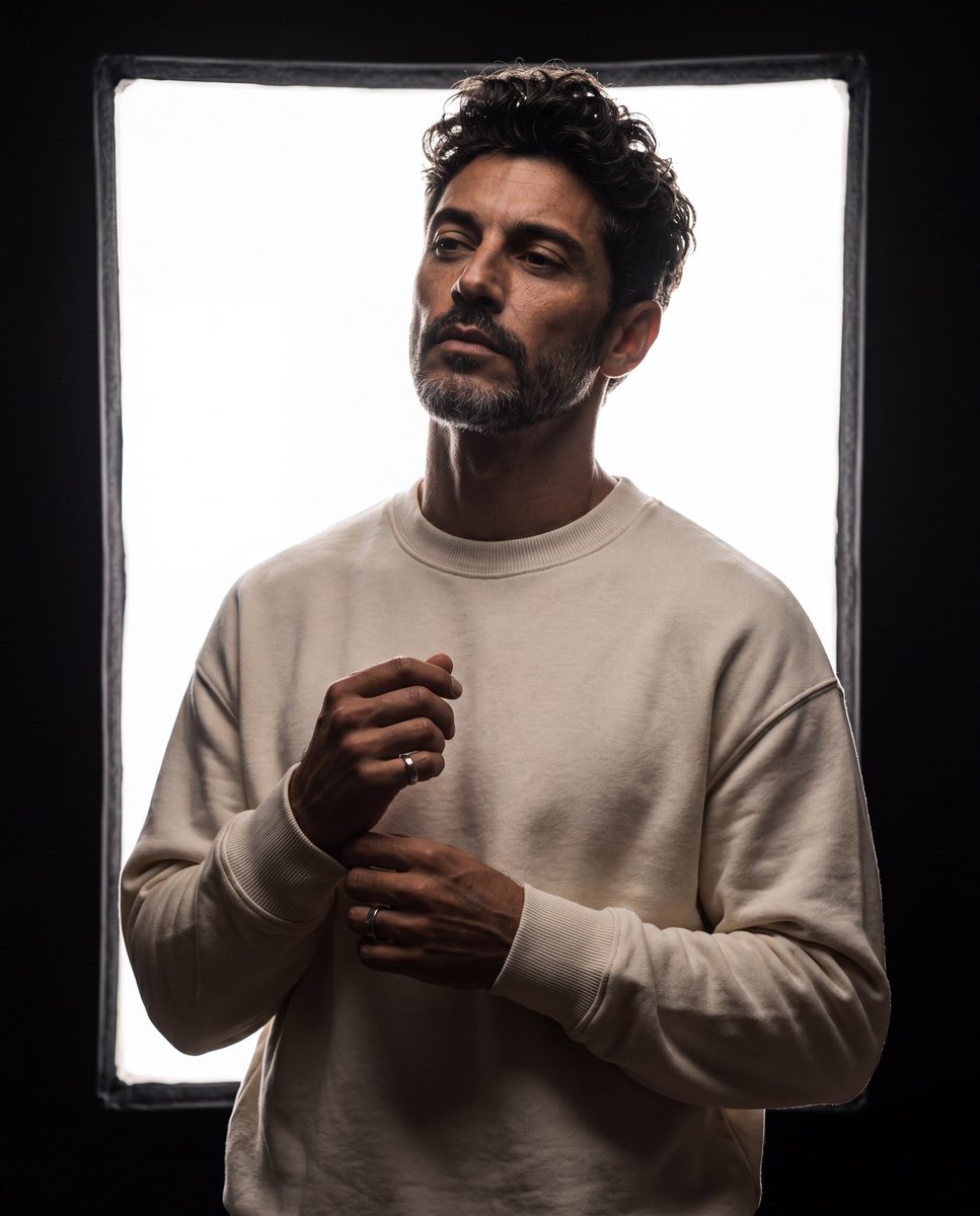 使用上传的参考人物作为主体,创作一张超写实电影感工作室逆光人像。用上传的参考人物完全替换原主体,同时精确保留面部特征、发型、发质、胡须/胡茬、…, 图片 1