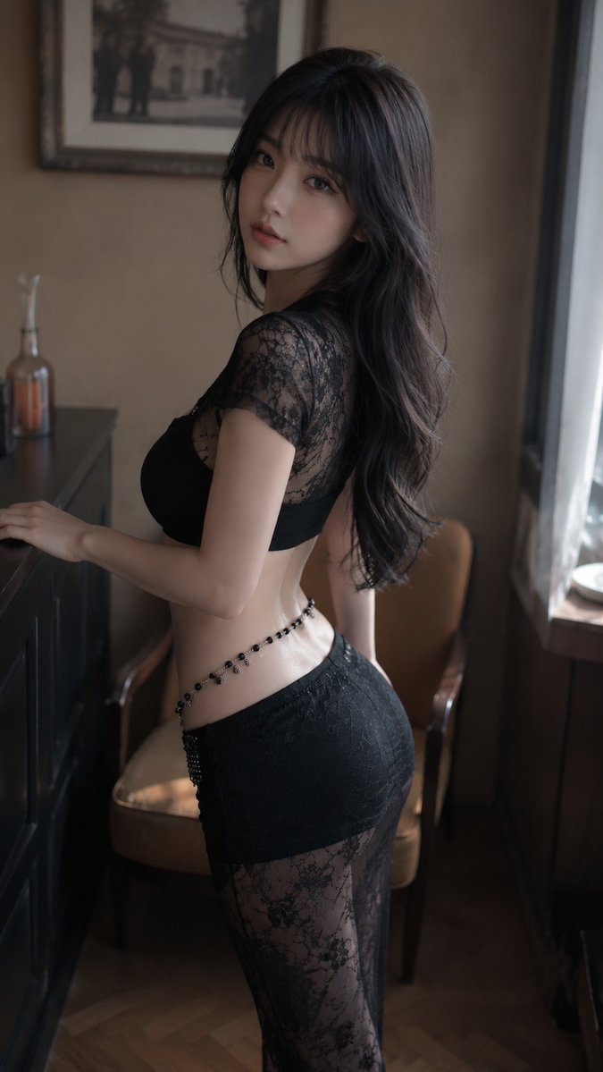 创作一幅写实的竖幅奢华时尚大片肖像，描绘一位21岁以上的东亚成年女性，她站在一间温暖柔和的复古房间内，倚靠在一扇深色门框旁。她略偏左侧，画面从…, 图片 1